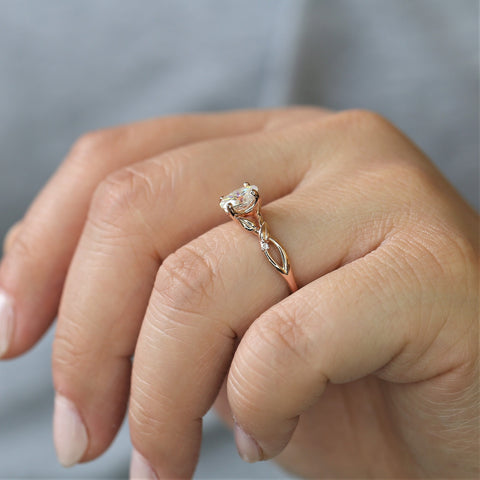 1ct Fern 7x5mm 14kt Rose Gold Moissanite Diamond Leaves Crossover Oval Solitaire Ring - Rosados Box
