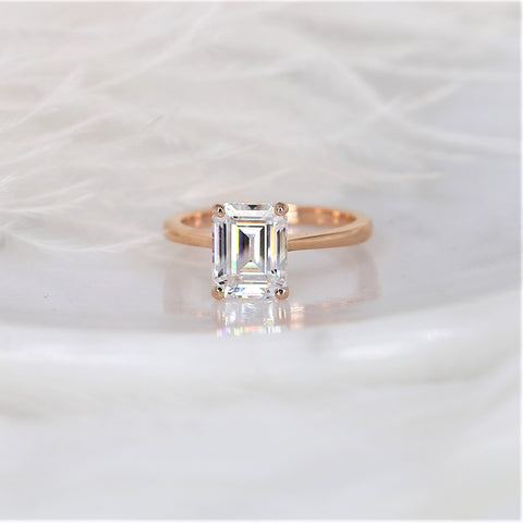 2.60ct Skinny Norma 9x7mm 14kt Rose Gold Moissanite Dainty Minimalist Emerald Solitaire Engagement Ring - Rosados Box