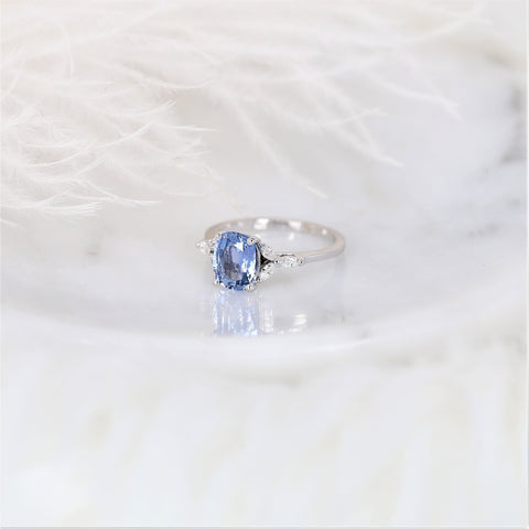 1.77ct Ready to Ship Geneva 14kt White Gold Cornflower Lavender Sapphire Diamond 3 Stone Cushion Cluster Ring - Rosados Box