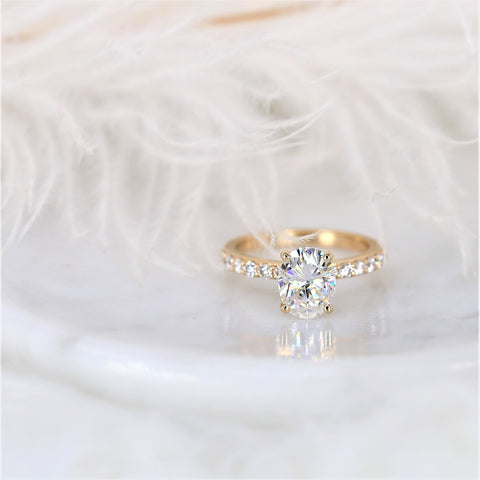 2ct DIAMOND FREE Ready to Ship Sally 9x7mm 14kt WHITE Gold Moissanite Oval Solitaire with Accent Ring Ring - Rosados Box