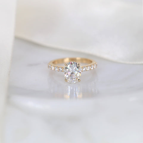 2ct DIAMOND FREE Ready to Ship Sally 9x7mm 14kt WHITE Gold Moissanite Oval Solitaire with Accent Ring Ring - Rosados Box