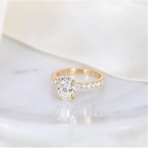 2ct DIAMOND FREE Ready to Ship Sally 9x7mm 14kt WHITE Gold Moissanite Oval Solitaire with Accent Ring Ring - Rosados Box