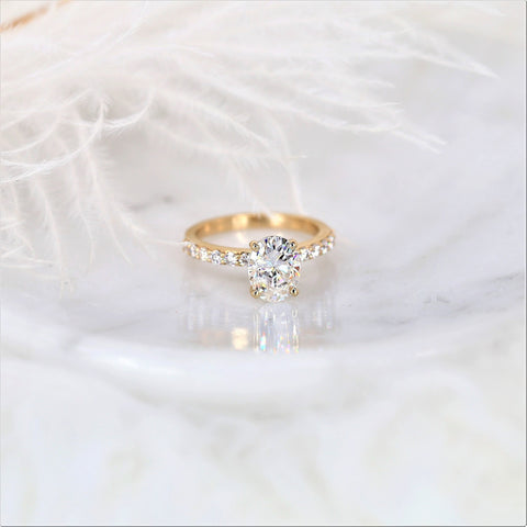 2ct DIAMOND FREE Ready to Ship Sally 9x7mm 14kt WHITE Gold Moissanite Oval Solitaire with Accent Ring Ring - Rosados Box