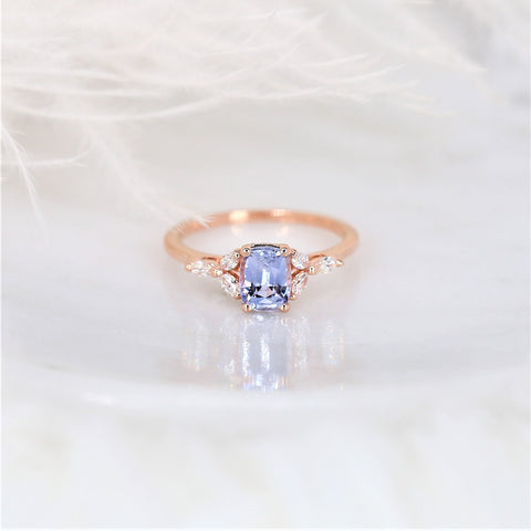 1.11ct Ready to Ship Geneva 14kt Rose Gold Cornflower Lavender Sapphire Diamond 3 Stone Cushion Ring - Rosados Box
