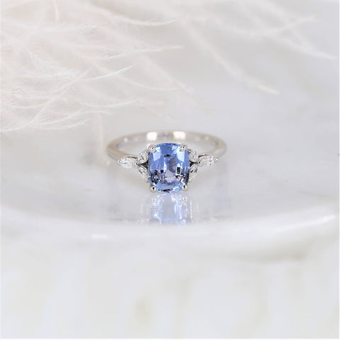 1.77ct Ready to Ship Geneva 14kt White Gold Cornflower Lavender Sapphire Diamond 3 Stone Cushion Cluster Ring - Rosados Box
