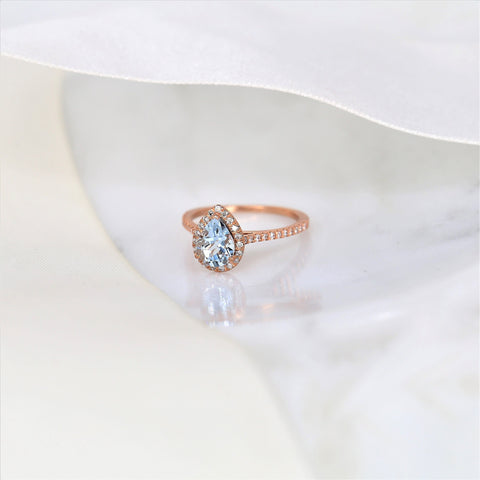 Ready to Ship Tabitha 8x6mm 14kt Rose Gold Aquamarine Diamond Dainty Pave Pear Halo Ring,Pear Aquamarine Engagement Ring,Unique Halo Ring