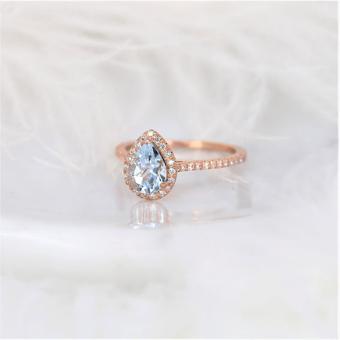 Ready to Ship Tabitha 8x6mm 14kt Rose Gold Aquamarine Diamond Dainty Pave Pear Halo Ring,Pear Aquamarine Engagement Ring,Unique Halo Ring