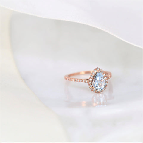 Ready to Ship Tabitha 8x6mm 14kt Rose Gold Aquamarine Diamond Dainty Pave Pear Halo Ring,Pear Aquamarine Engagement Ring,Unique Halo Ring