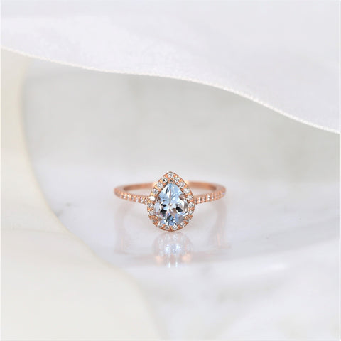 Ready to Ship Tabitha 8x6mm 14kt Rose Gold Aquamarine Diamond Dainty Pave Pear Halo Ring,Pear Aquamarine Engagement Ring,Unique Halo Ring
