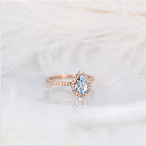 Ready to Ship Tabitha 8x6mm 14kt Rose Gold Aquamarine Diamond Dainty Pave Pear Halo Ring,Pear Aquamarine Engagement Ring,Unique Halo Ring