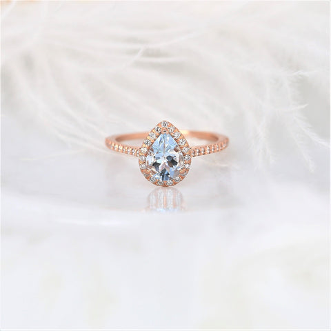 Ready to Ship Tabitha 8x6mm 14kt Rose Gold Aquamarine Diamond Dainty Pave Pear Halo Ring,Pear Aquamarine Engagement Ring,Unique Halo Ring