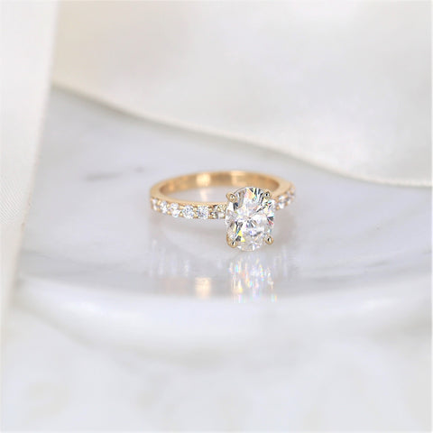 2ct DIAMOND FREE Ready to Ship Sally 9x7mm 14kt WHITE Gold Moissanite Oval Solitaire with Accent Ring Ring - Rosados Box