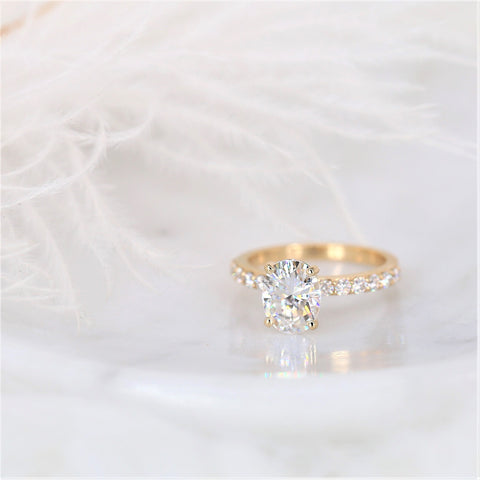 2ct DIAMOND FREE Ready to Ship Sally 9x7mm 14kt WHITE Gold Moissanite Oval Solitaire with Accent Ring Ring - Rosados Box