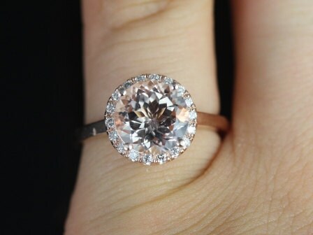 Rosados Box Ready to Ship Monique 8mm 14kt Rose Gold Round Morganite and Diamonds Halo Engagement Ring - Rosados Box