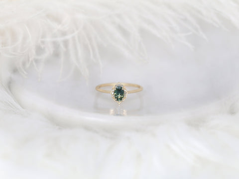 0.69ct Ready to Ship Mini Mae 14kt Gold Teal Montana Sapphire Diamond Oval Halo Ring - Rosados Box