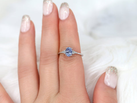 1.35ct Ready to Ship Maddy 14kt White Gold Cornflower Lavender Sapphire Diamond Dainty Oval Cluster 3 Stone Ring,Gift For Her - Rosados Box