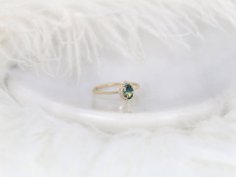 0.69ct Ready to Ship Mini Mae 14kt Gold Teal Montana Sapphire Diamond Oval Halo Ring - Rosados Box
