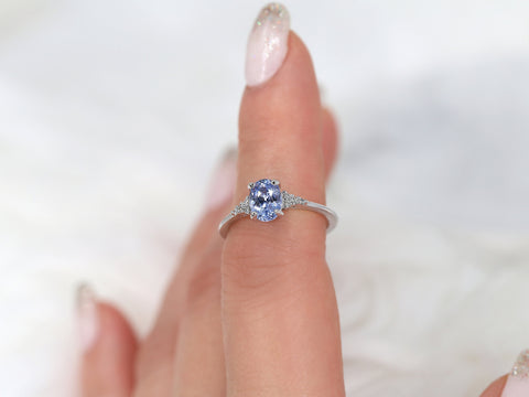 1.35ct Ready to Ship Maddy 14kt White Gold Cornflower Lavender Sapphire Diamond Dainty Oval Cluster 3 Stone Ring,Gift For Her - Rosados Box