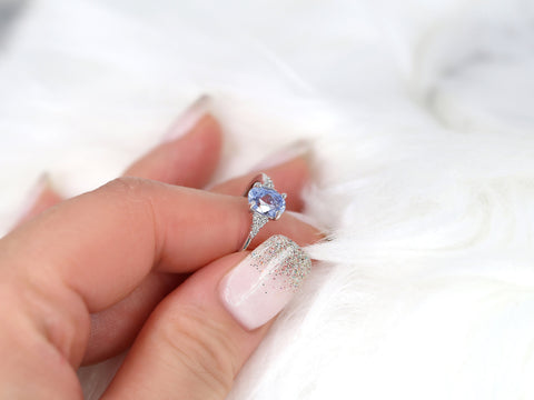 1.35ct Ready to Ship Maddy 14kt White Gold Cornflower Lavender Sapphire Diamond Dainty Oval Cluster 3 Stone Ring,Gift For Her - Rosados Box