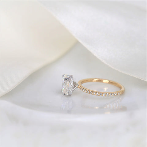 2ct TWO TONED Viviana 9x7mm 14kt Gold Moissanite Diamond Scarf Halo Oval Solitaire Ring - Rosados Box
