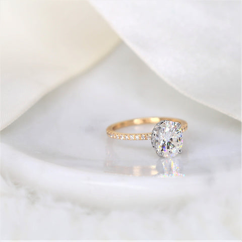 2ct TWO TONED Viviana 9x7mm 14kt Gold Moissanite Diamond Scarf Halo Oval Solitaire Ring - Rosados Box
