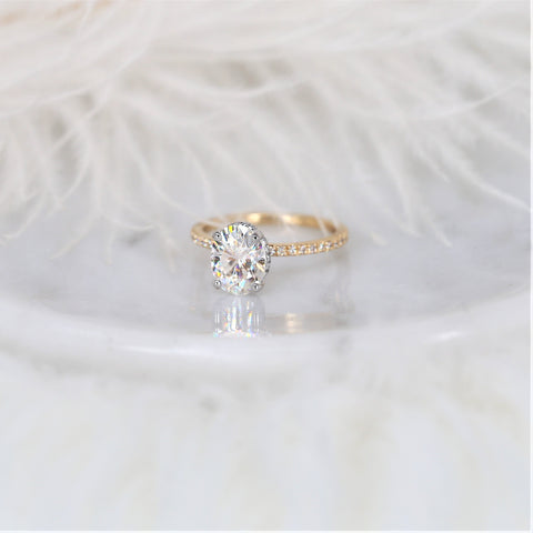 2ct TWO TONED Viviana 9x7mm 14kt Gold Moissanite Diamond Scarf Halo Oval Solitaire Ring - Rosados Box