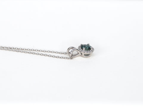 0.59ct Ready to Ship Gemma 14kt White Gold Teal Sapphire Diamond Round Halo Necklace - Rosados Box