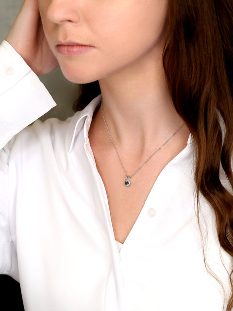 0.59ct Ready to Ship Gemma 14kt White Gold Teal Sapphire Diamond Round Halo Necklace - Rosados Box