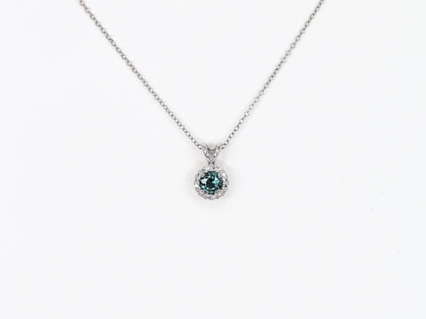 0.59ct Ready to Ship Gemma 14kt White Gold Teal Sapphire Diamond Round Halo Necklace - Rosados Box