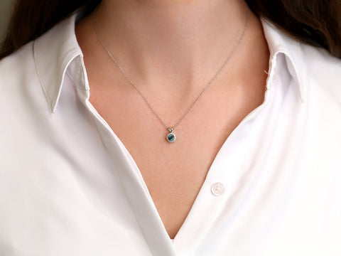 0.59ct Ready to Ship Gemma 14kt White Gold Teal Sapphire Diamond Round Halo Necklace