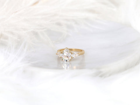 2ct Kasey 10x7mm 14kt Gold Moissanite Pear Three Stone Ring - Rosados Box