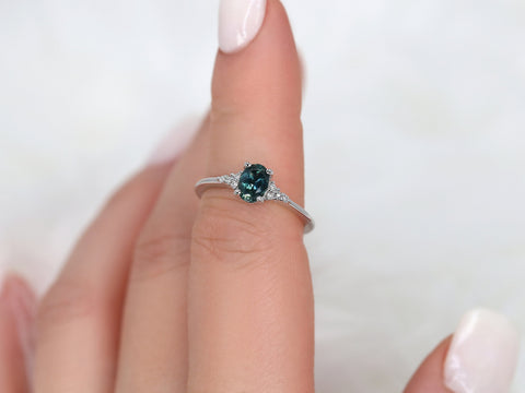 0.79ct Ready to Ship Maddy White 14kt Gold Peacock Teal Montana Sapphire Oval Cluster Ring - Rosados Box