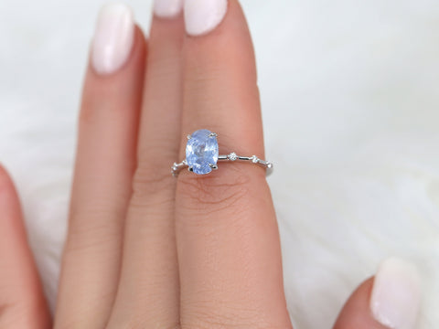 1.97ct Ready to Ship Alix 14kt White Gold Frosted Galaxy Cornflower Sapphire Diamond Dainty Oval Solitaire Ring - Rosados Box