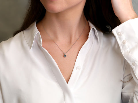 0.59ct Ready to Ship Gemma 14kt White Gold Teal Sapphire Diamond Round Halo Necklace - Rosados Box