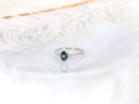 0.79ct Ready to Ship Maddy White 14kt Gold Peacock Teal Montana Sapphire Oval Cluster Ring - Rosados Box