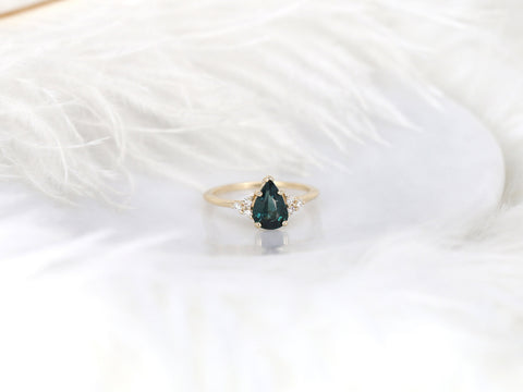 1.35ct Ready to Ship Juliet 14kt Gold Ocean Teal Sapphire Diamond Dainty Art Deco Pear Cluster Ring - Rosados Box