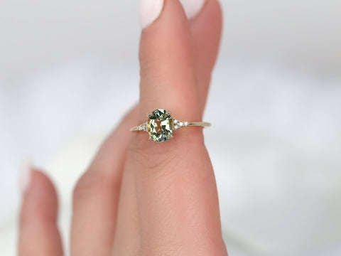 1.87ct Ready to Ship Maddy 14kt Gold Bright Lime Teal Sapphire Diamond Oval Cluster Ring - Rosados Box