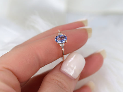 1.09ct Ready to Ship Maddy 14kt Rose Gold Cornflower Sapphire Diamond Oval Cluster 3 Stone Ring - Rosados Box