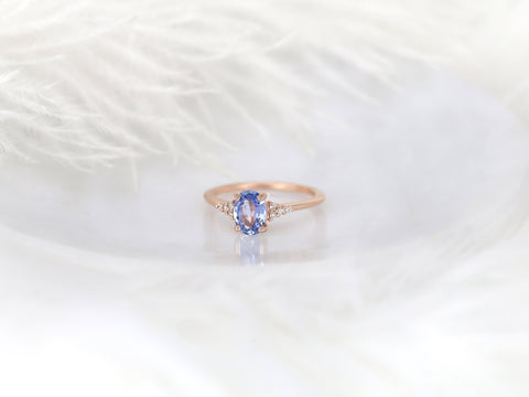 1.09ct Ready to Ship Maddy 14kt Rose Gold Cornflower Sapphire Diamond Oval Cluster 3 Stone Ring - Rosados Box