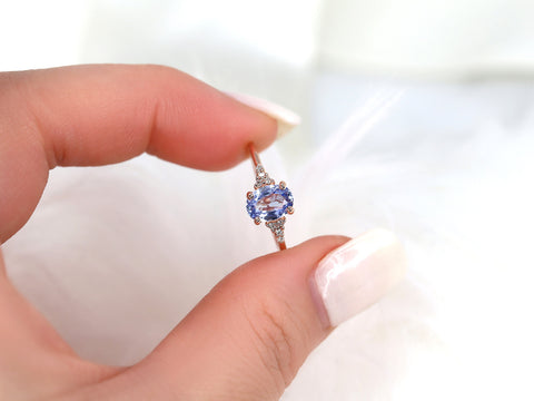 1.09ct Ready to Ship Maddy 14kt Rose Gold Cornflower Sapphire Diamond Oval Cluster 3 Stone Ring - Rosados Box