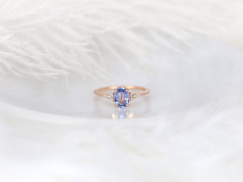 1.09ct Ready to Ship Maddy 14kt Rose Gold Cornflower Sapphire Diamond Oval Cluster 3 Stone Ring - Rosados Box
