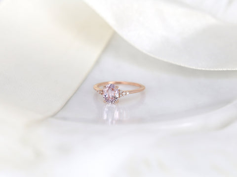 1.78ct Ready to Ship Maddy 14kt Rose Gold Blush Peach Sapphire Diamond 3 Stone Oval Cluster Ring - Rosados Box