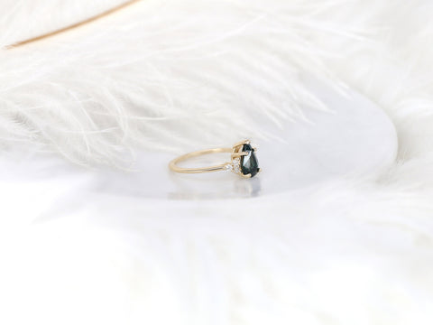 1.35ct Ready to Ship Juliet 14kt Gold Ocean Teal Sapphire Diamond Dainty Art Deco Pear Cluster Ring - Rosados Box