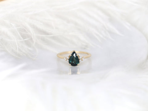 1.35ct Ready to Ship Juliet 14kt Gold Ocean Teal Sapphire Diamond Dainty Art Deco Pear Cluster Ring - Rosados Box