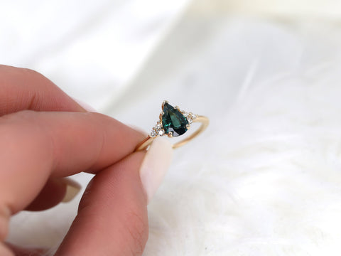 1.35ct Ready to Ship Juliet 14kt Gold Ocean Teal Sapphire Diamond Dainty Art Deco Pear Cluster Ring - Rosados Box
