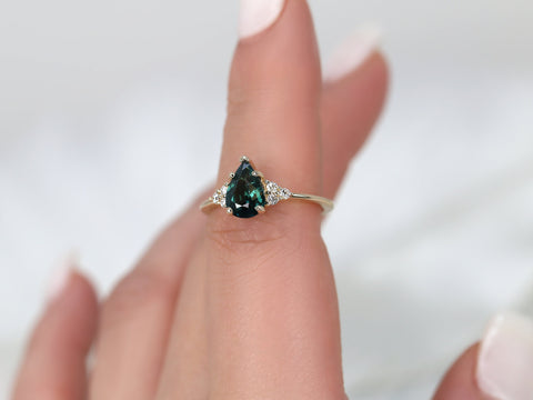 1.35ct Ready to Ship Juliet 14kt Gold Ocean Teal Sapphire Diamond Dainty Art Deco Pear Cluster Ring