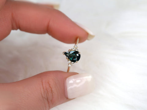 1.35ct Ready to Ship Juliet 14kt Gold Ocean Teal Sapphire Diamond Dainty Art Deco Pear Cluster Ring