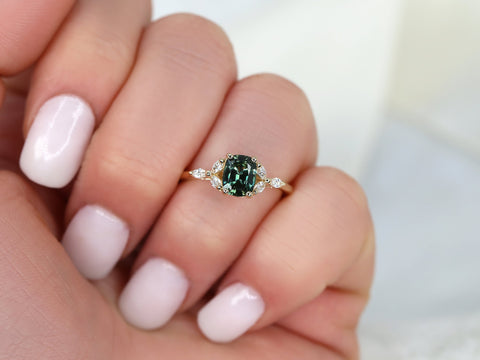 1.30ct Ready to Ship Geneva 14kt Gold Peacock Teal Sapphire Diamond Cushion Cluster Ring - Rosados Box