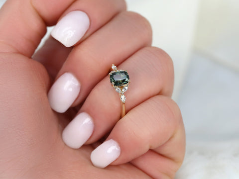 1.30ct Ready to Ship Geneva 14kt Gold Peacock Teal Sapphire Diamond Cushion Cluster Ring - Rosados Box