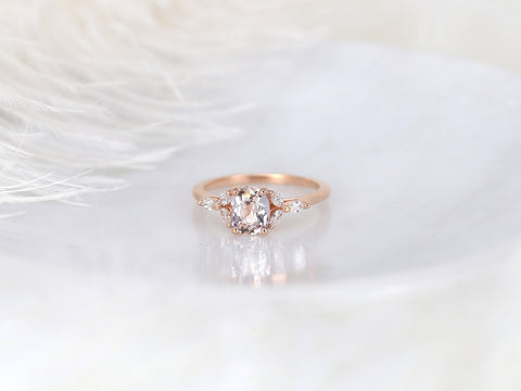 1.21ct Ready to Ship Geneva 14kt Rose Gold Champagne Peach Sapphire Diamond Cushion 3 Stone Ring - Rosados Box